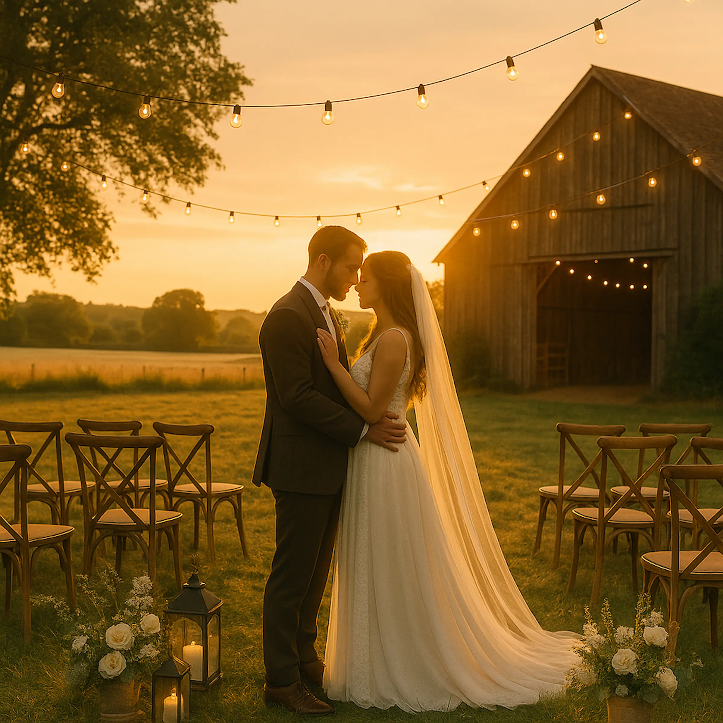 A romantic photo of a newlywed couple embracing at sunset in a countryside wedding venue, captured to represent Norfolk wedding locations in 2025