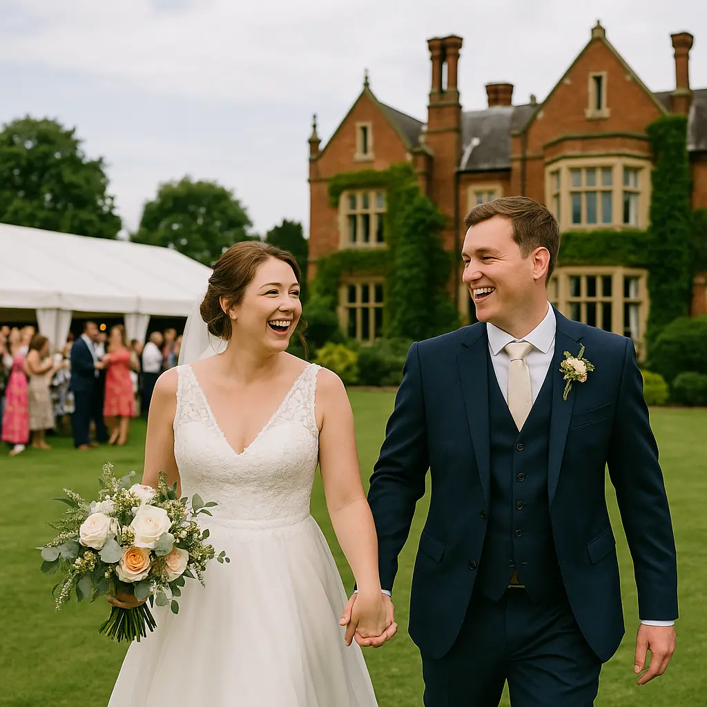 kayleigh-andy-oaksmere-wedding-videographer Kayleigh and Andy walking hand-in-hand outside The Oaksmere wedding venue near Diss, surrounded by guests and elegant gardens
