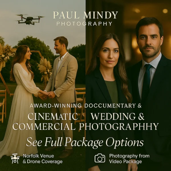 A promotional graphic for Paul Mindy Photography showcasing full wedding, event, and commercial photography and videography package options in Norfolk