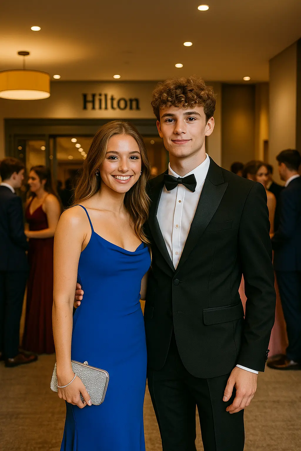 stephen-perse-prom-hilton-cambridge-photo Stephen Perse School students posing at Hilton Cambridge during their prom night, dressed in formal evening wear with a stylish event backdrop